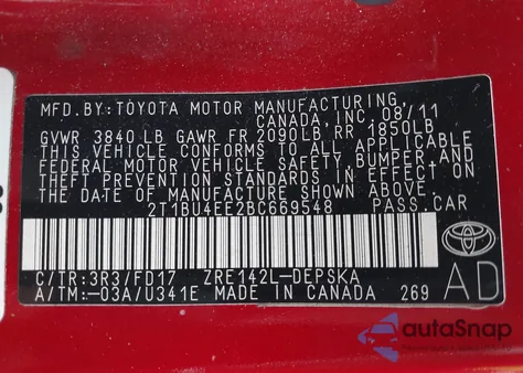 2011 Toyota Corolla S из США, поврежденный, VIN 2T1BU4EE2BC669548